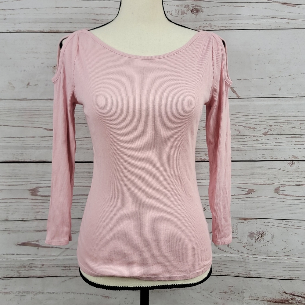 Anthropologie pink ribbed cold shoulder long sleeve top